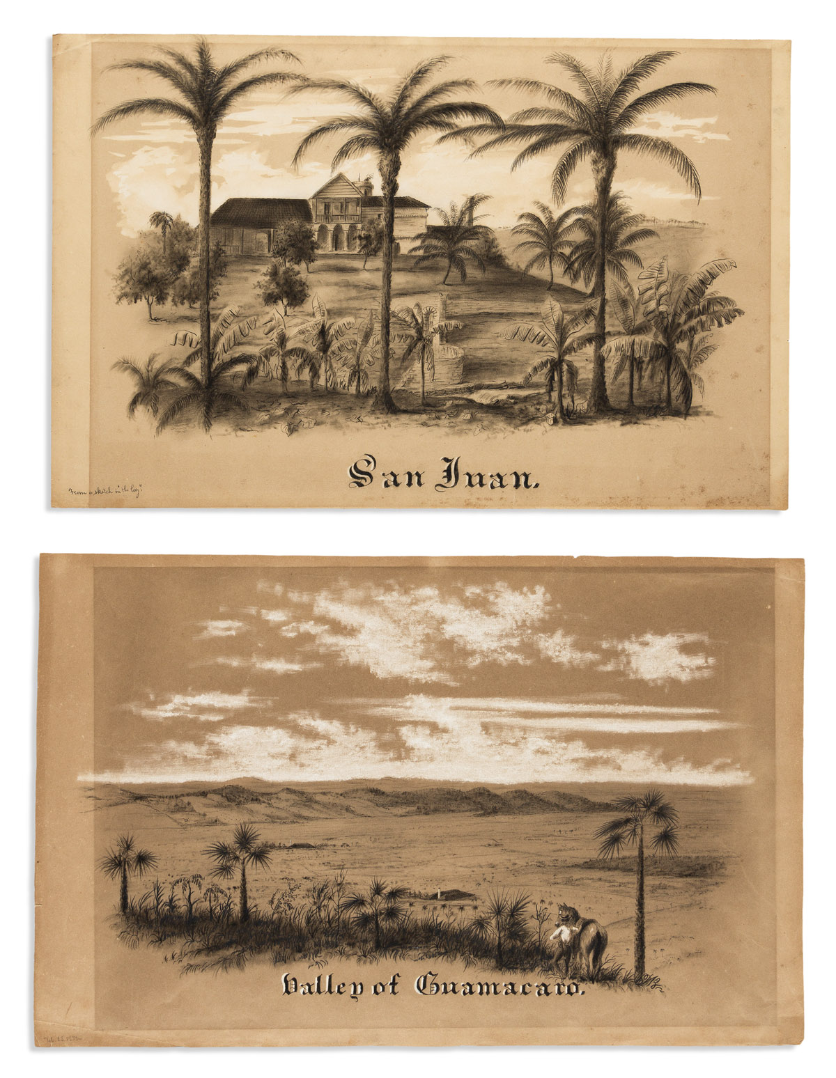 (CUBA.) Charles DeWolf Brownell. Two charcoal sketches heightened in white chalk: San Juan [and] Valley of Guamacaro.